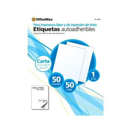 Etiqueta Autoadheribles Ink/Laser tamaño Carta Blancas OfficeMax 50 etiquetas