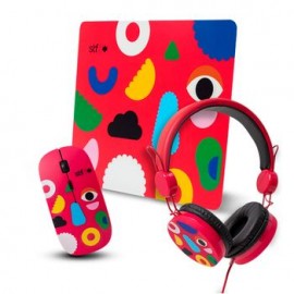 Combo 3 en 1 STF Mouse Inalámbrico + Audífonos Alámbricos + Mouse Pad Rojo