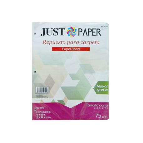 Hoja para Carpeta Tamaño Carta Rayadas Just Paper 100 hojas