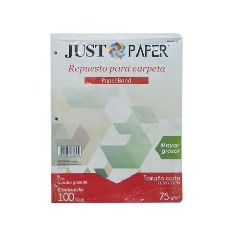 Hoja para Carpeta Tamaño Carta Cuadro Grande Just Paper 100 hojas